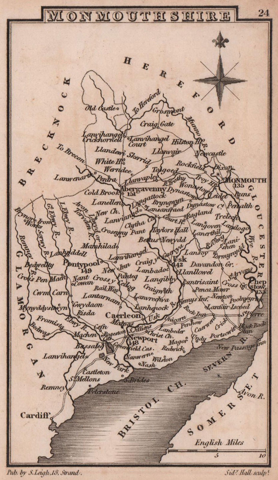 Monmouthshire miniature county map by Samuel Leigh / Sidney Hall c1820 old